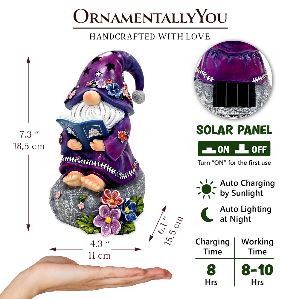 Enchanted Wisdom Solar Book Reader Gnome Figurine, 8" Lighted Lavender Purple Garden Statue
