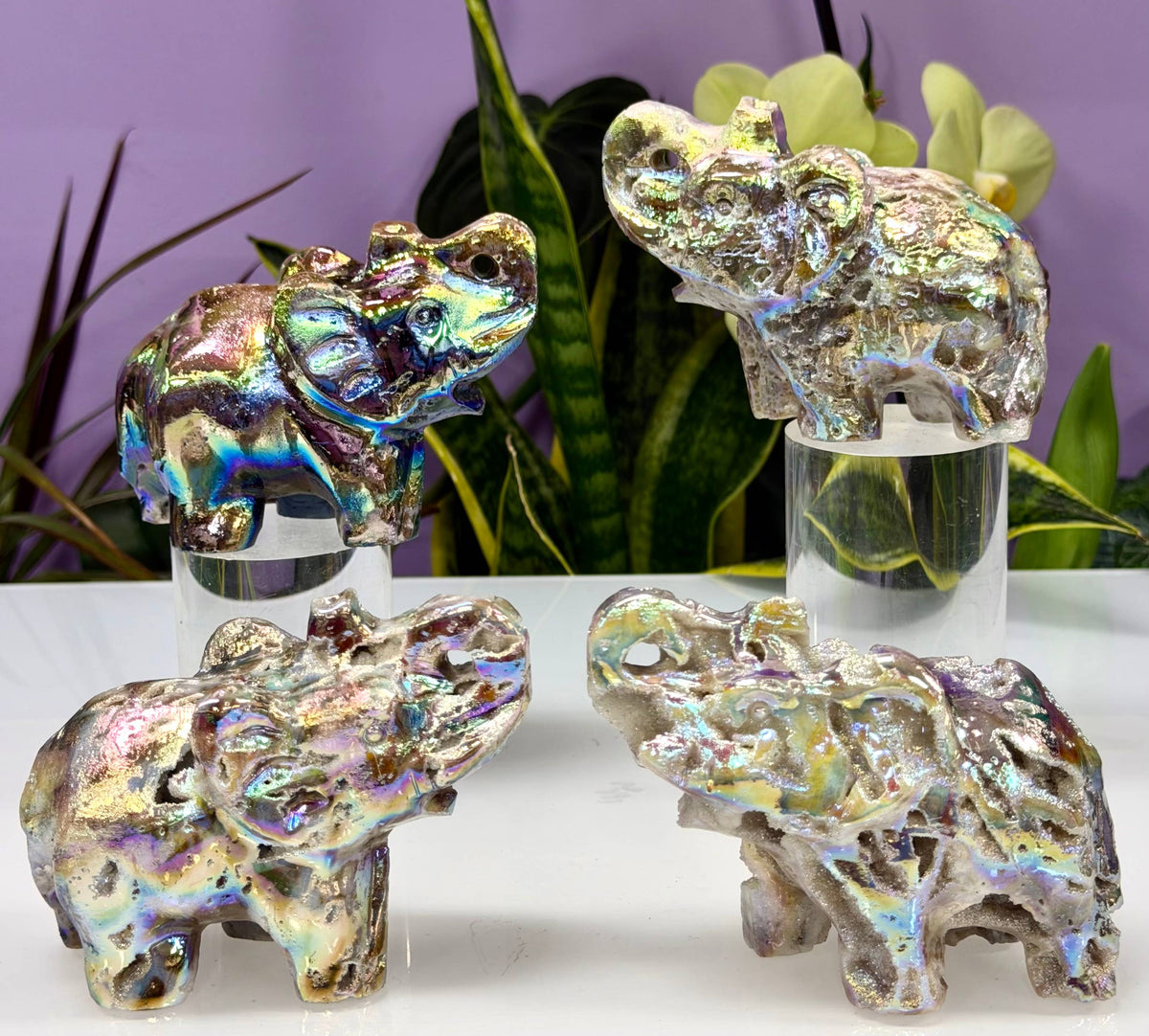 Aura Sphalerite Elephant Figurine - 10cm Luck & Protection Iridescent Crystal