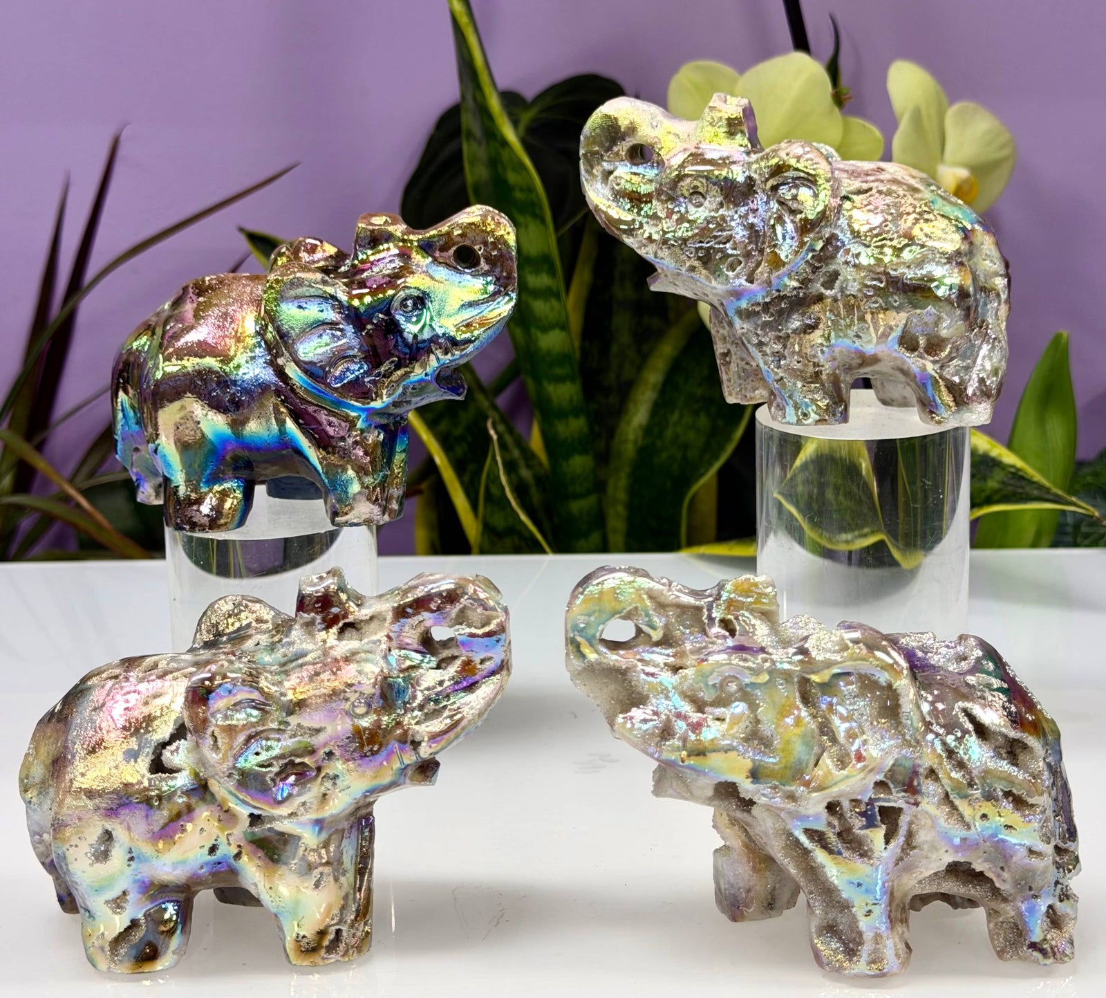 Aura Sphalerite Elephant Figurine - 10cm Luck & Protection Iridescent Crystal