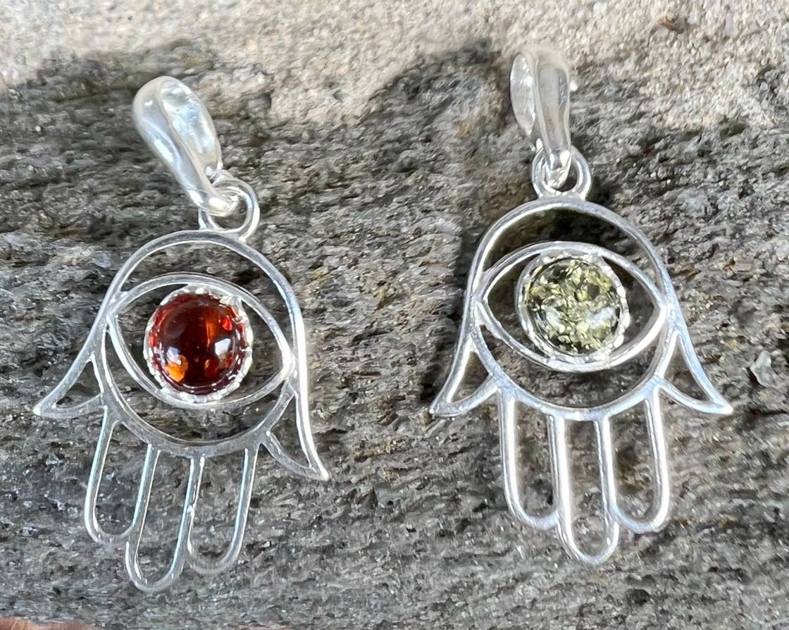 Hamsa Evil Eye Protection Amber Sterling Silver Pendant