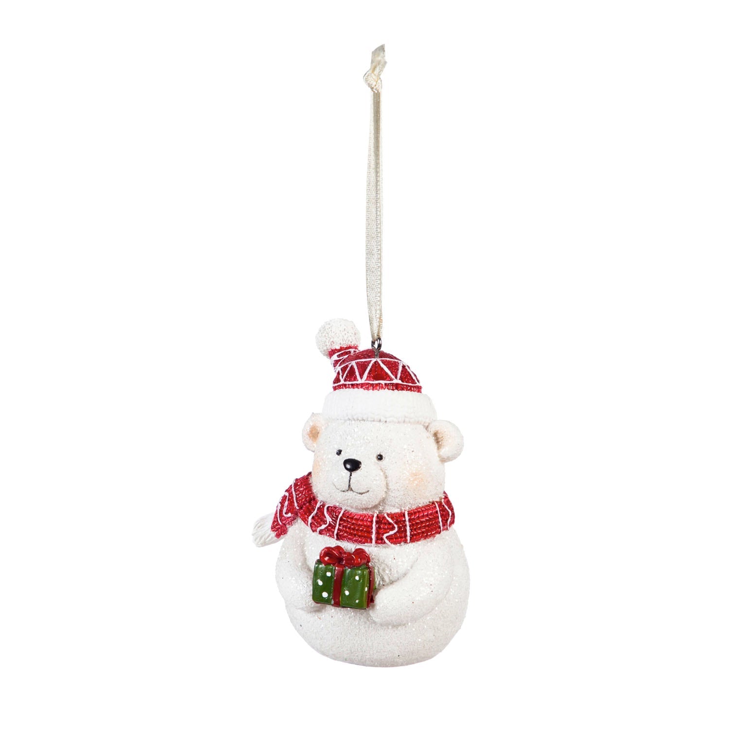 White polar bear Christmas ornament in a red knit hat and scarf holding a green gift box