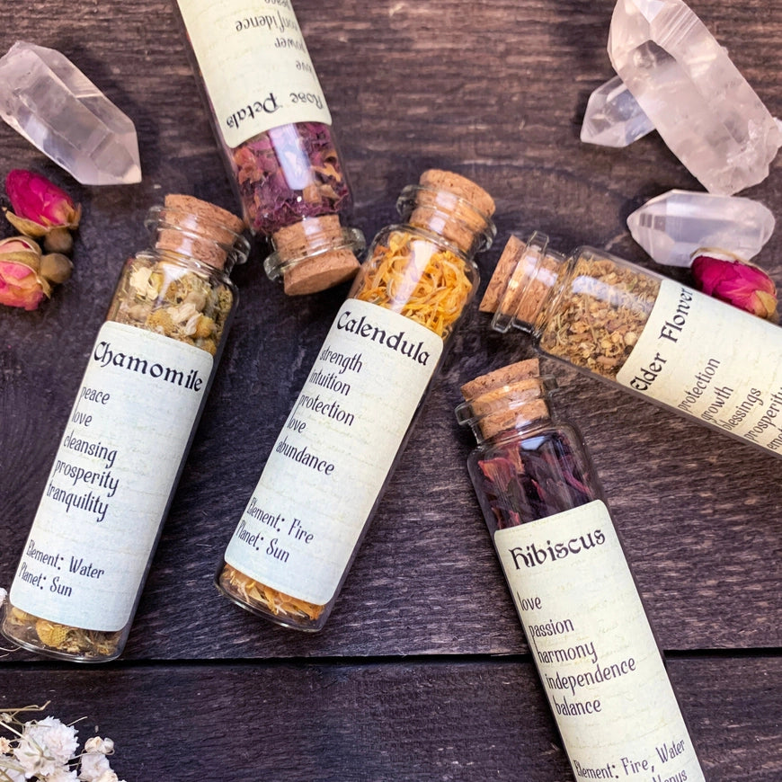 Witchy Spell Ingredients: Glass Vials of Herbs or Flowers
