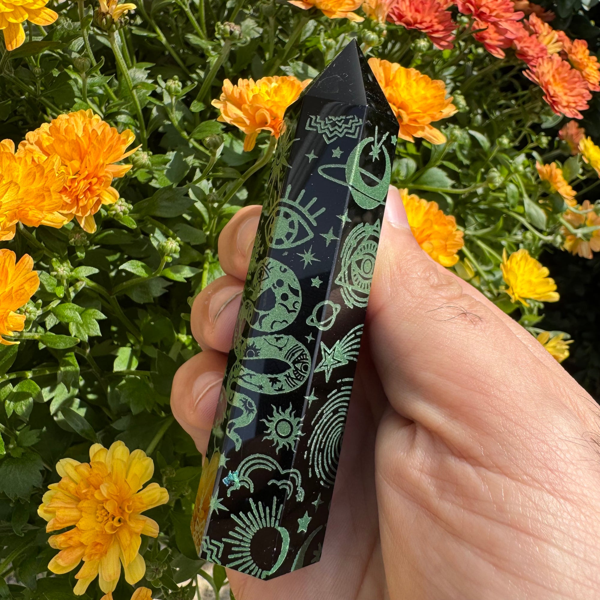 Black Obsidian Gemstone Point with Color Etching