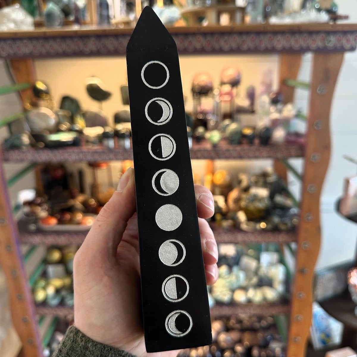 Moon Phase Engraved Black Soapstone Obelisk