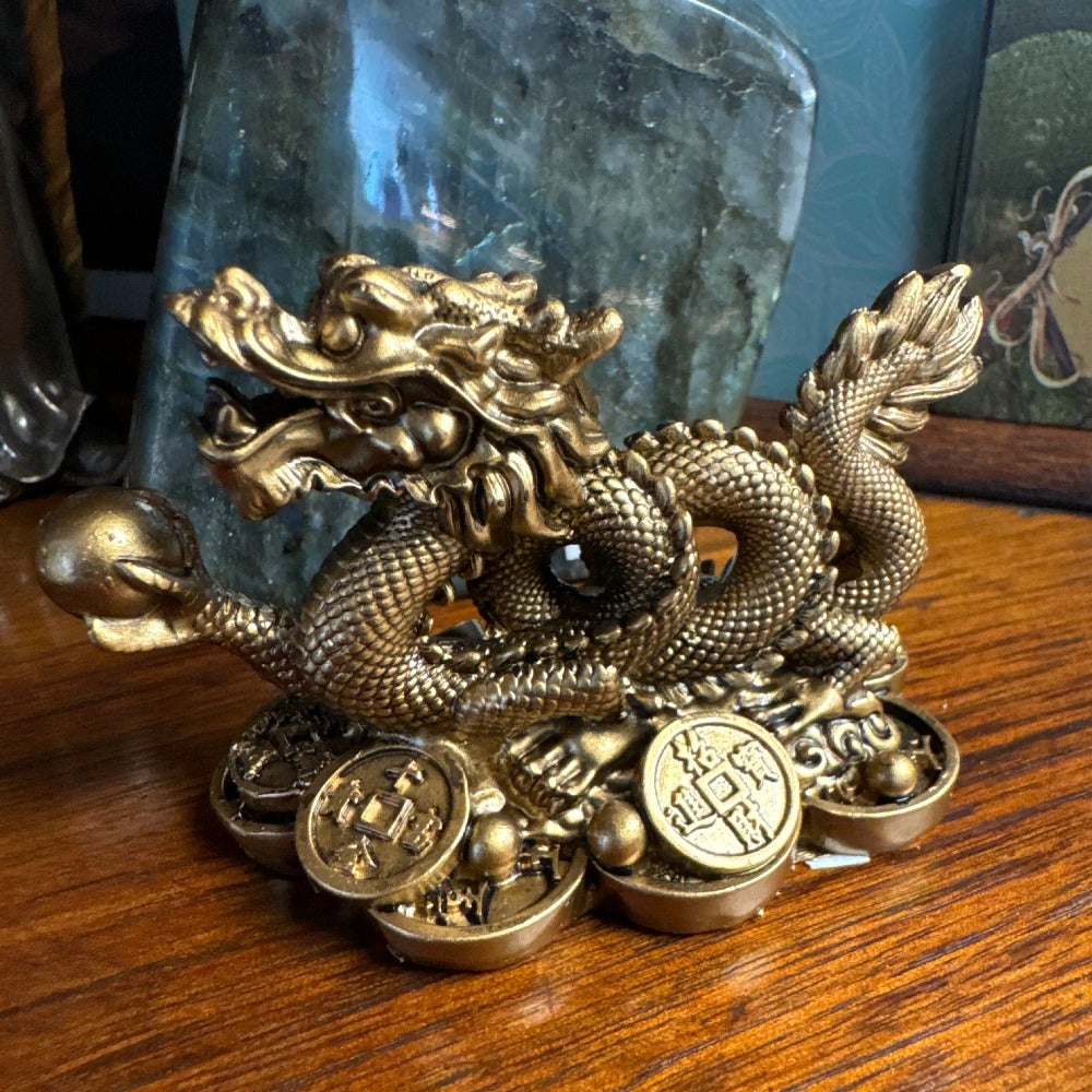 Polyresin Feng Shui Figurine Money Dragon - Gold