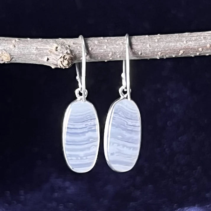Blue Lace Agate Dangle Earrings Sterling Silver