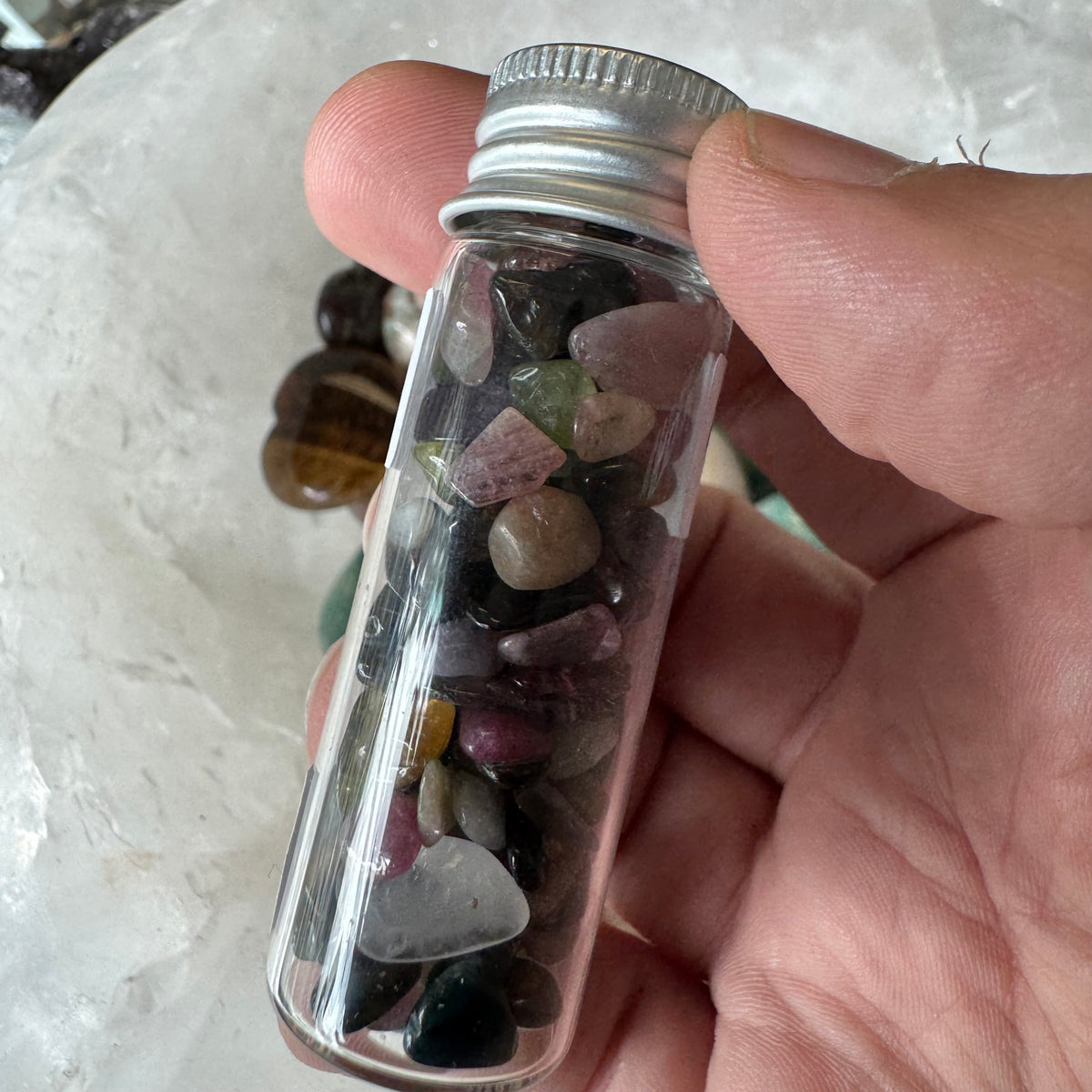 Cast a Stone Gemstone Chips in Glass Bottle | 1.5” Assorted Crystals for Altar, Crafts & Gifts