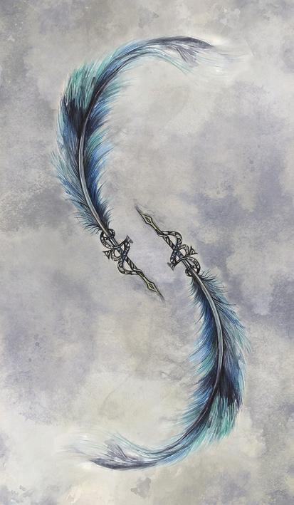 Bonestone & Earthflesh Tarot card back with two blue-green feathers on a gray watercolor background