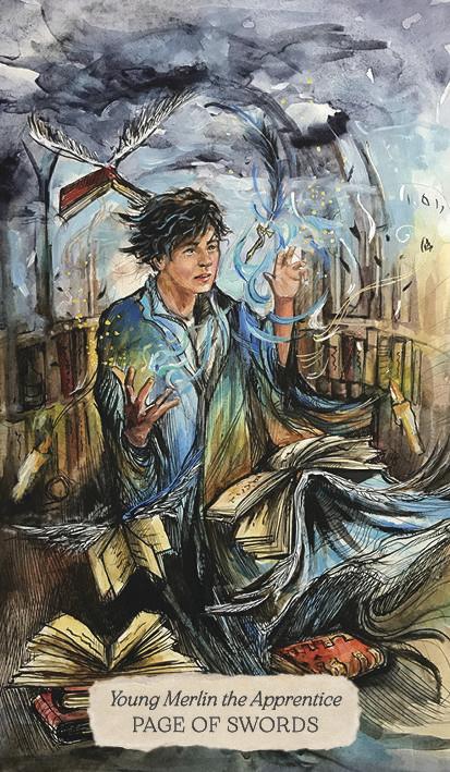 Page of Swords card, Young Merlin the Apprentice, from Bonestone & Earthflesh Tarot