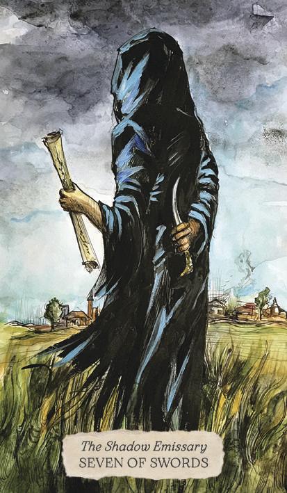Seven of Swords card, The Shadow Emissary, from Bonestone & Earthflesh Tarot: a hooded figure in a field