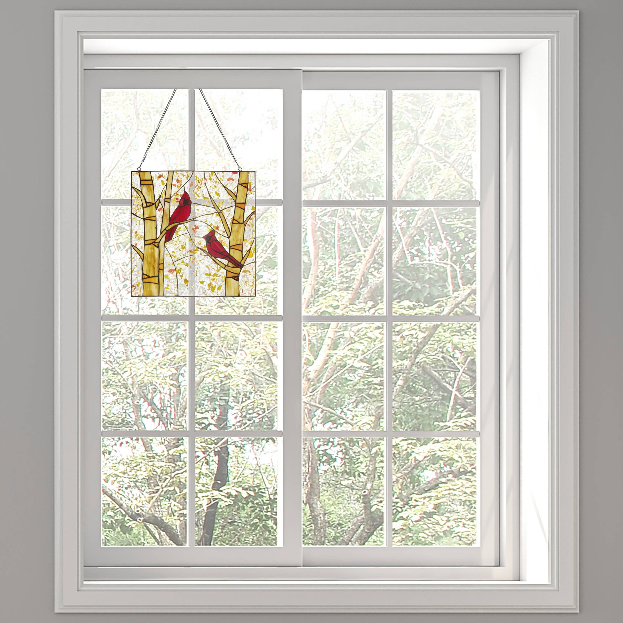 Red Cardinals on Birch Stained Glass Window Panel 14"H