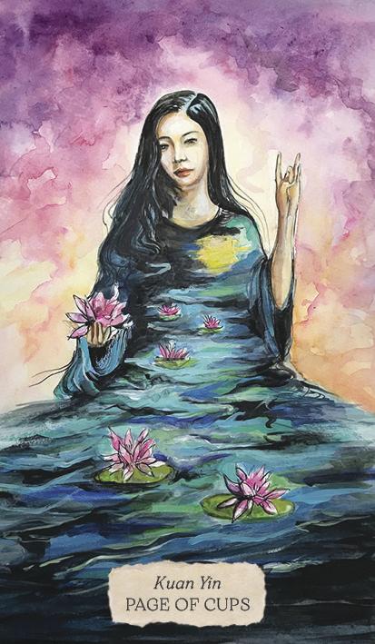 Page of Cups card, Kuan Yin, from Bonestone & Earthflesh Tarot with water lilies on her robe