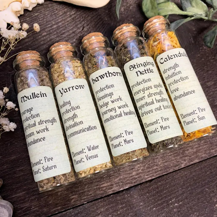 Witchy Spell Ingredients: Glass Vials of Herbs or Flowers