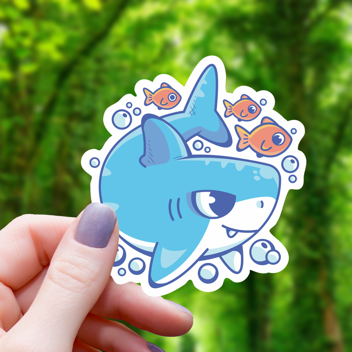 Kawaii Shark With Fish Sticker - 3"