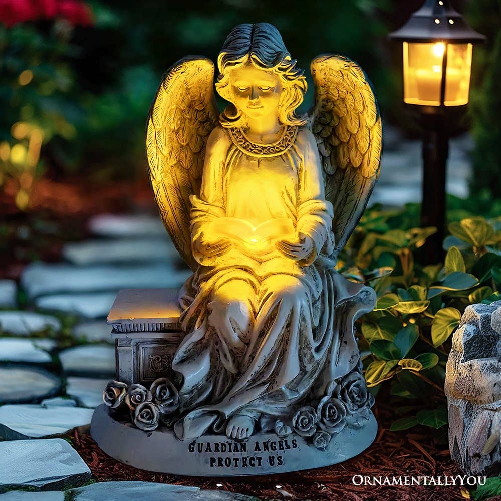 Guardian Angel Reading Book Garden Statue, 10" Solar Powered