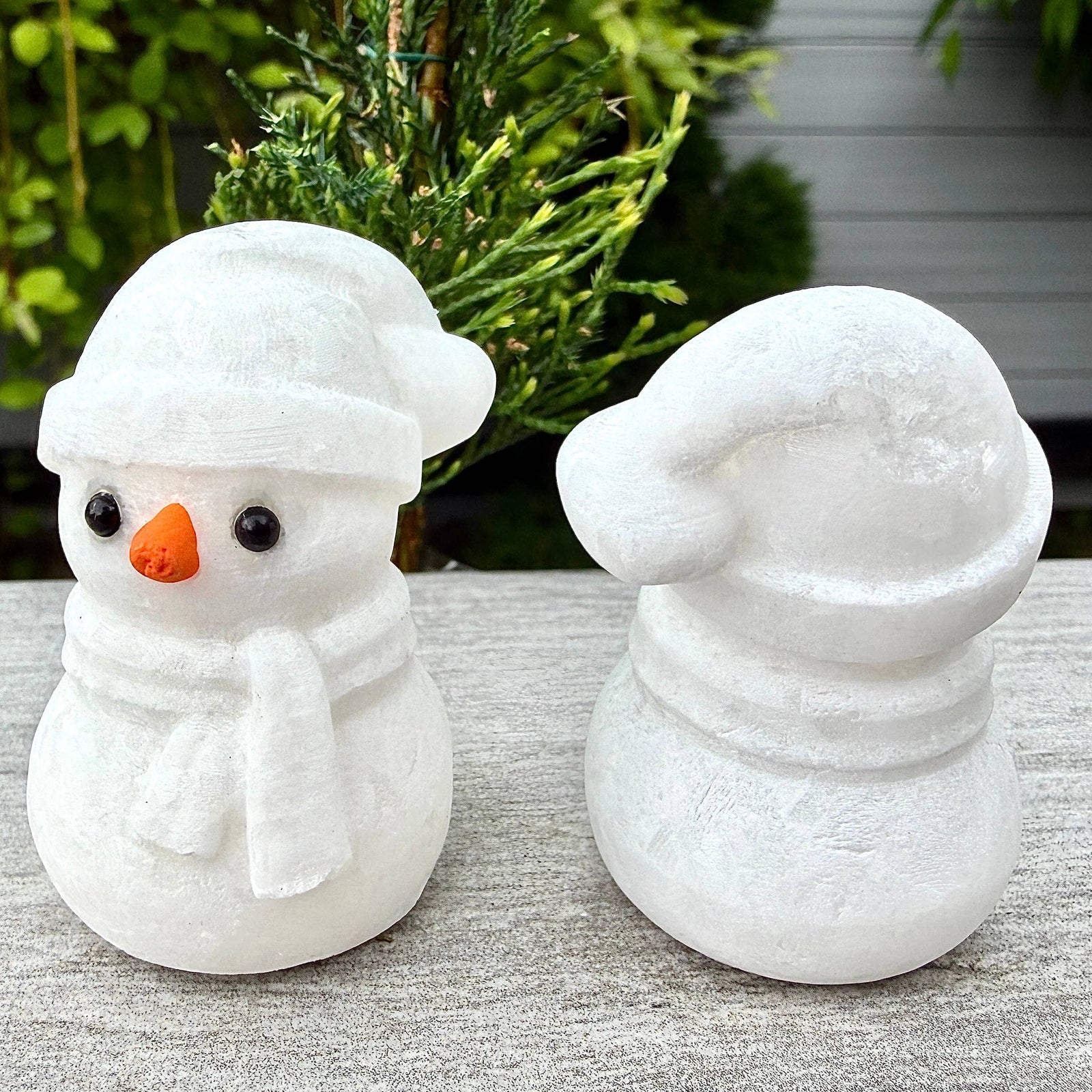 Natural Snow Quartz Snowman Carving with Obsidian Eyes