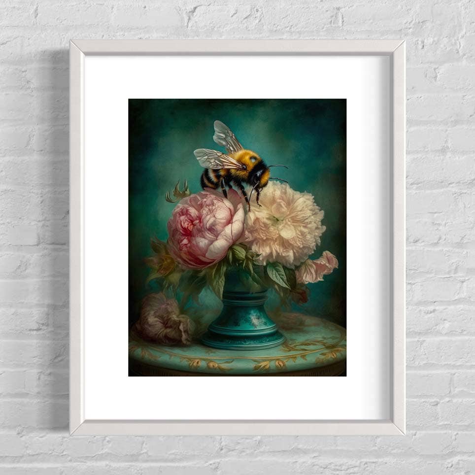 Bee and Pink Peonies Still Life Art Print