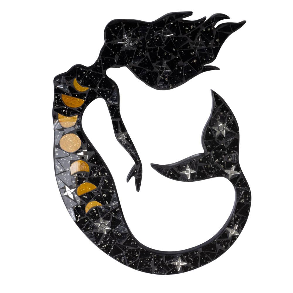 Black silhouette of a dragon with star and moon phases on a white background