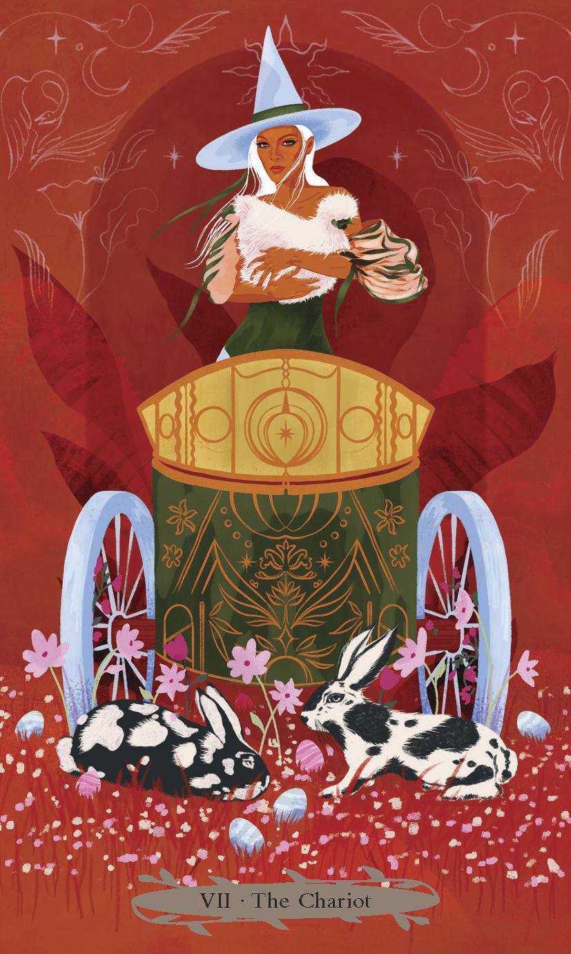The Chariot card from Witches of the Seasons Tarot: a witch in a blue hat in a chariot with two spotted rabbits