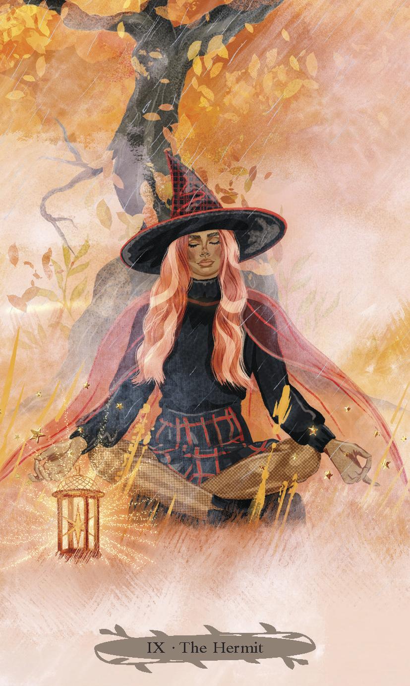 The Hermit card from Witches of the Seasons Tarot: a pink-haired witch meditating under an autumn tree with a lantern