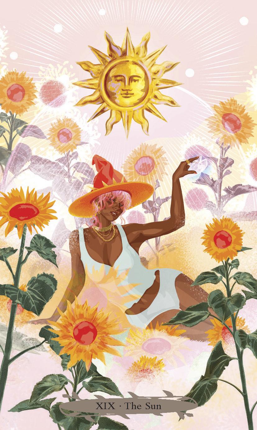 The Sun card from Witches of the Seasons Tarot: a witch in an orange hat lounging among sunflowers under a golden sun