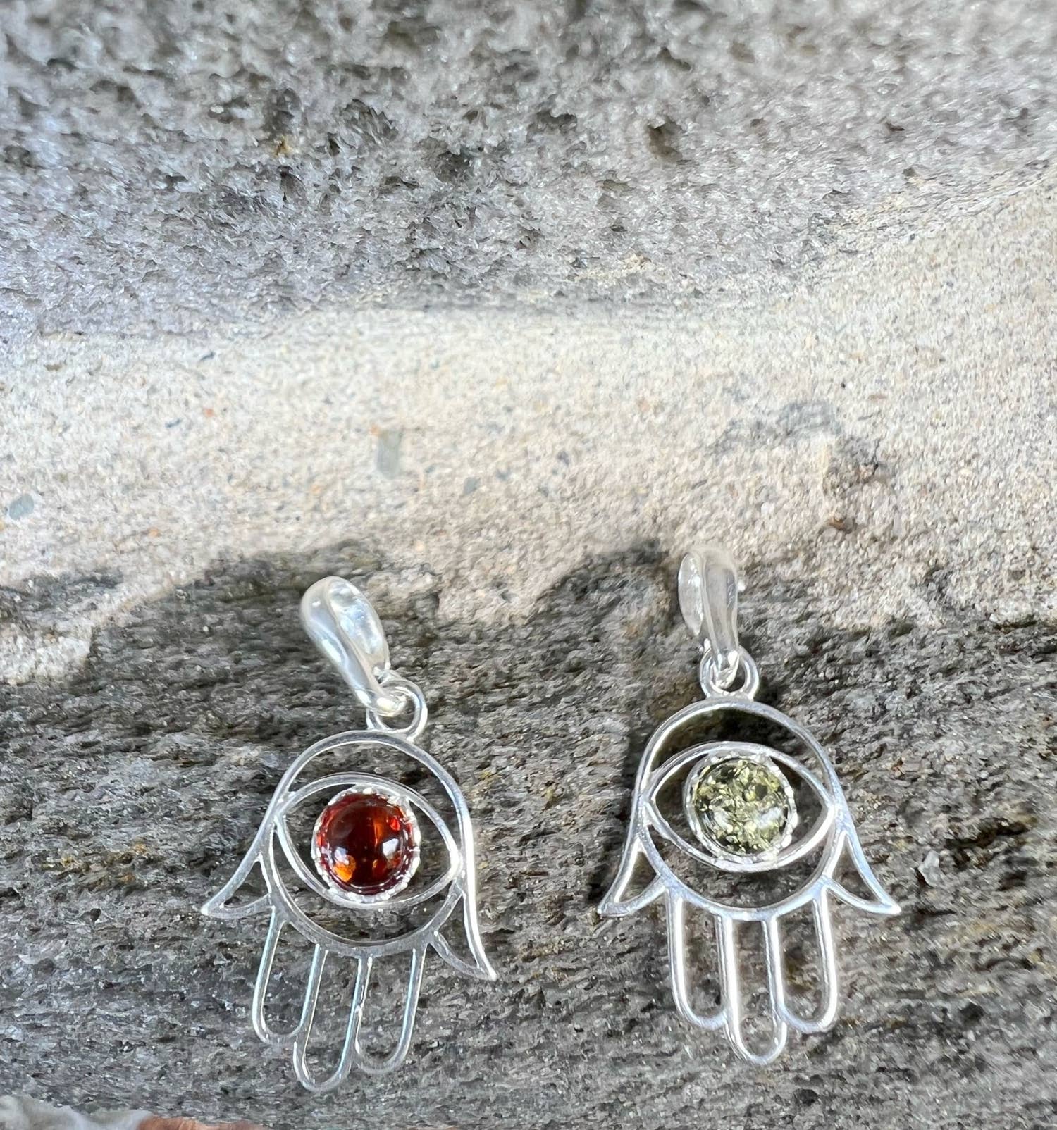 Hamsa Evil Eye Protection Amber Sterling Silver Pendant