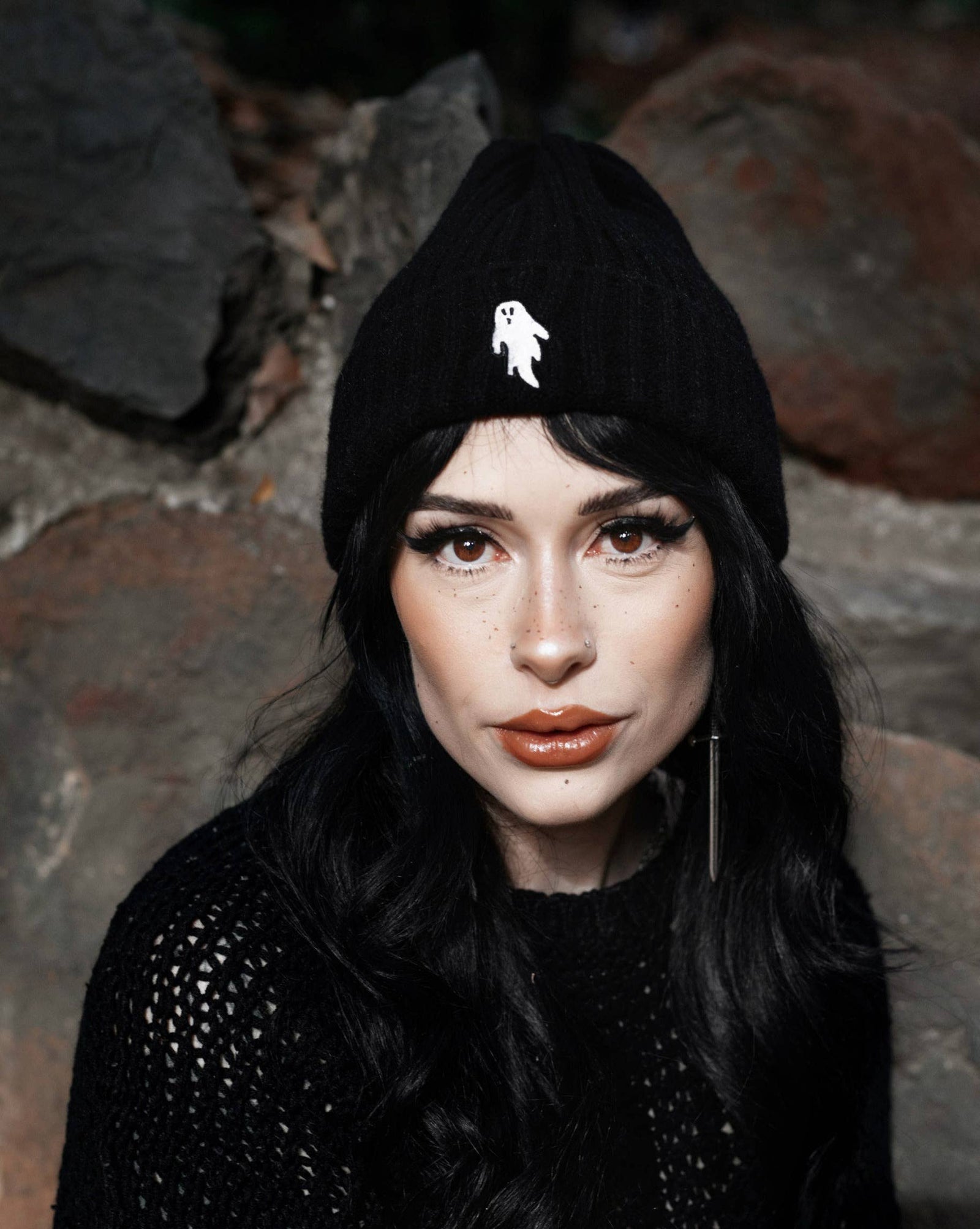 Midnight Black | Ghostie Embroidered Knit Beanie