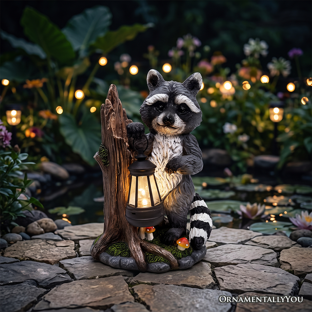 Raccoon Solar Lamp Garden Statue, 9" Lighted Animal Figurine Outdoor Decor