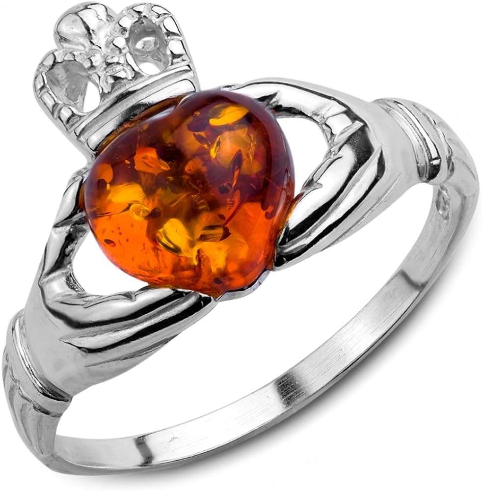 Silver Claddagh Ring with Amber Heart