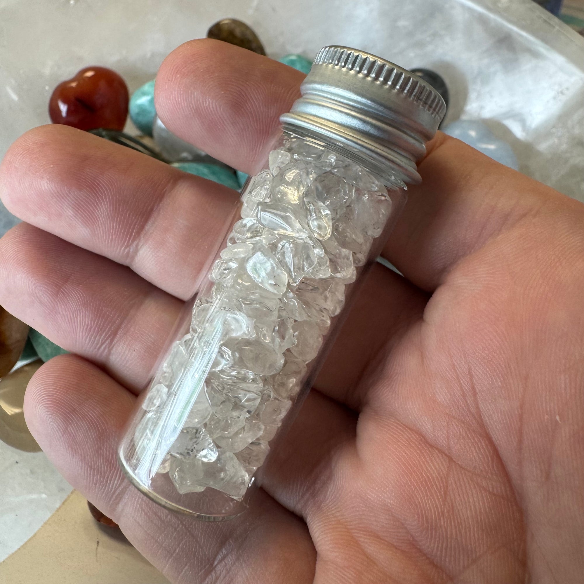 Cast a Stone Gemstone Chips in Glass Bottle | 1.5” Assorted Crystals for Altar, Crafts & Gifts