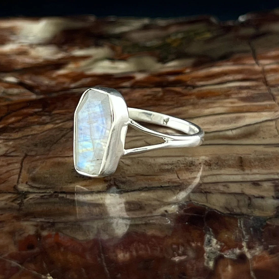 Rainbow Moonstone Coffin Ring Sterling Silver