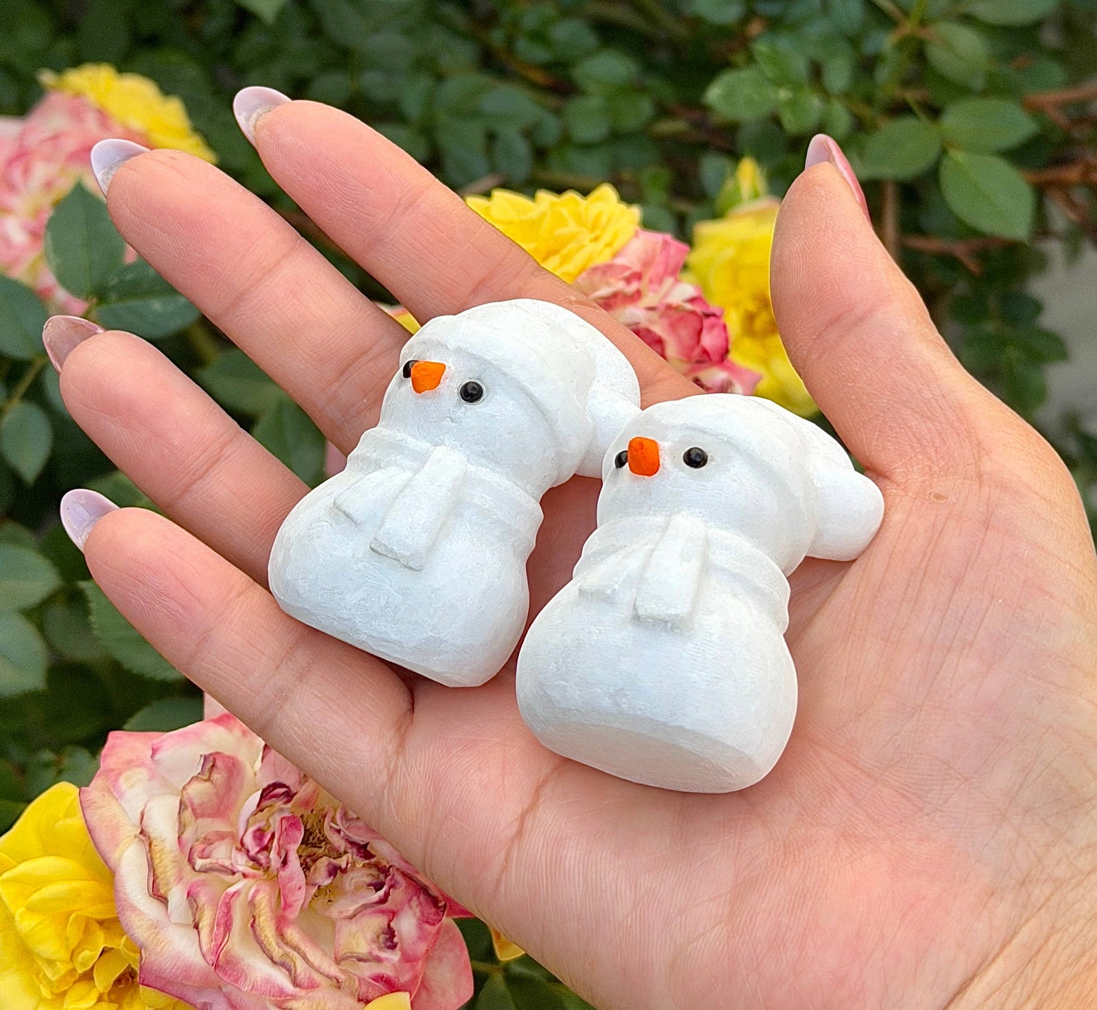 Natural Snow Quartz Snowman Carving with Obsidian Eyes