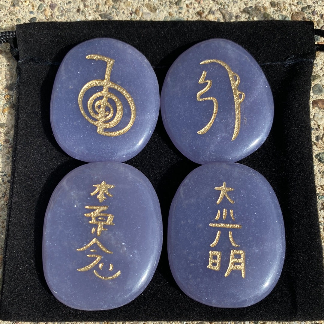 Lilac Lepidolite Reiki Stones Set of 4 Crystals Engraved with Symbols