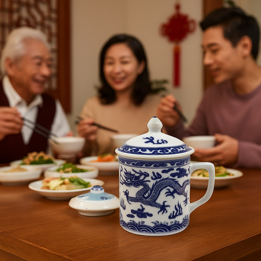 Blue & White Dragon Print Mug With Lid