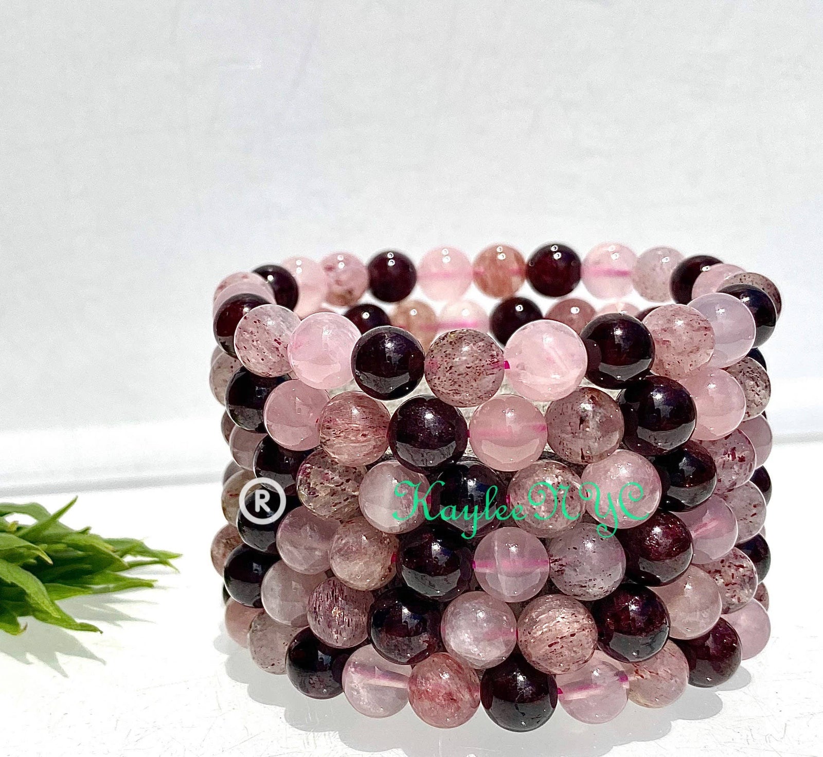 8mm Heart Chakra Bracelet with Rose Garnet Quartz