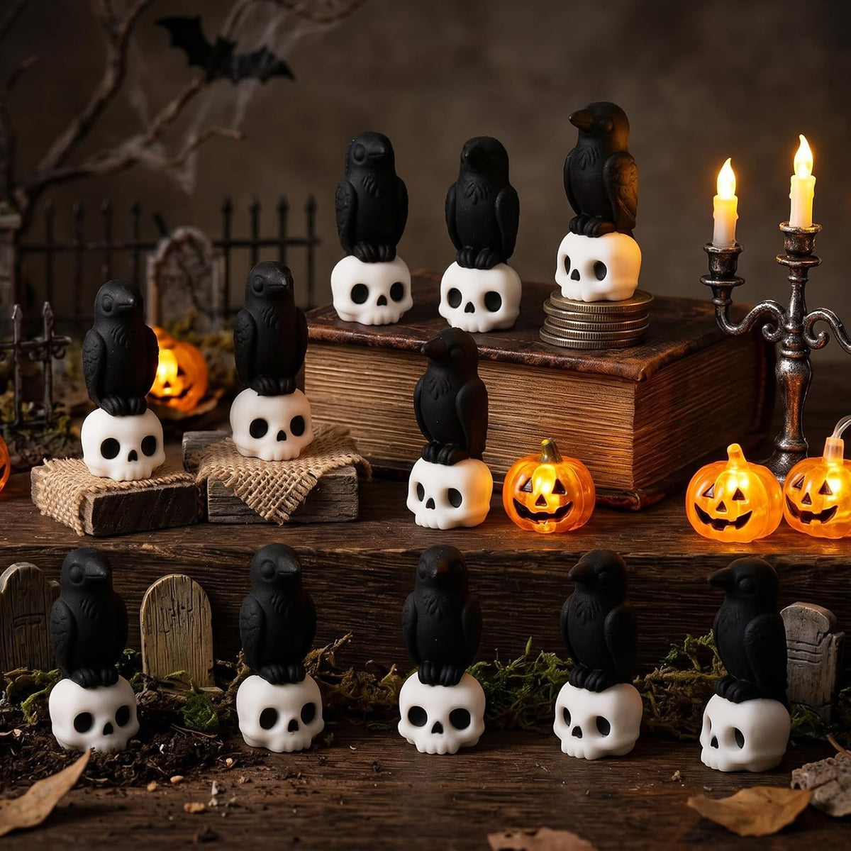 Mini Raven Skull Figurine – Gothic Halloween Décor & Cryptid Display | Soft Rubber, 1.57"