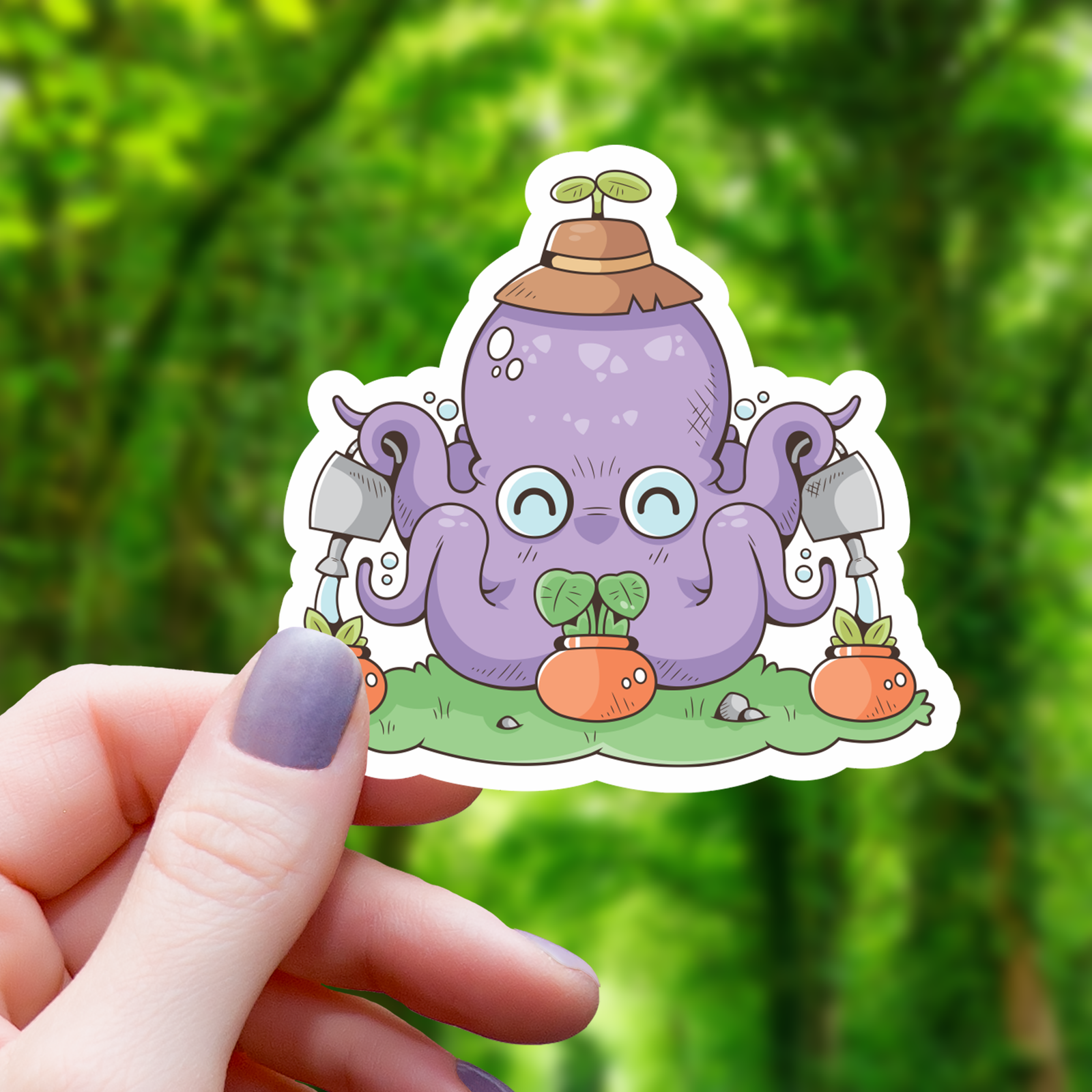 Octopus Watering Many Houseplants Sticker - 3"