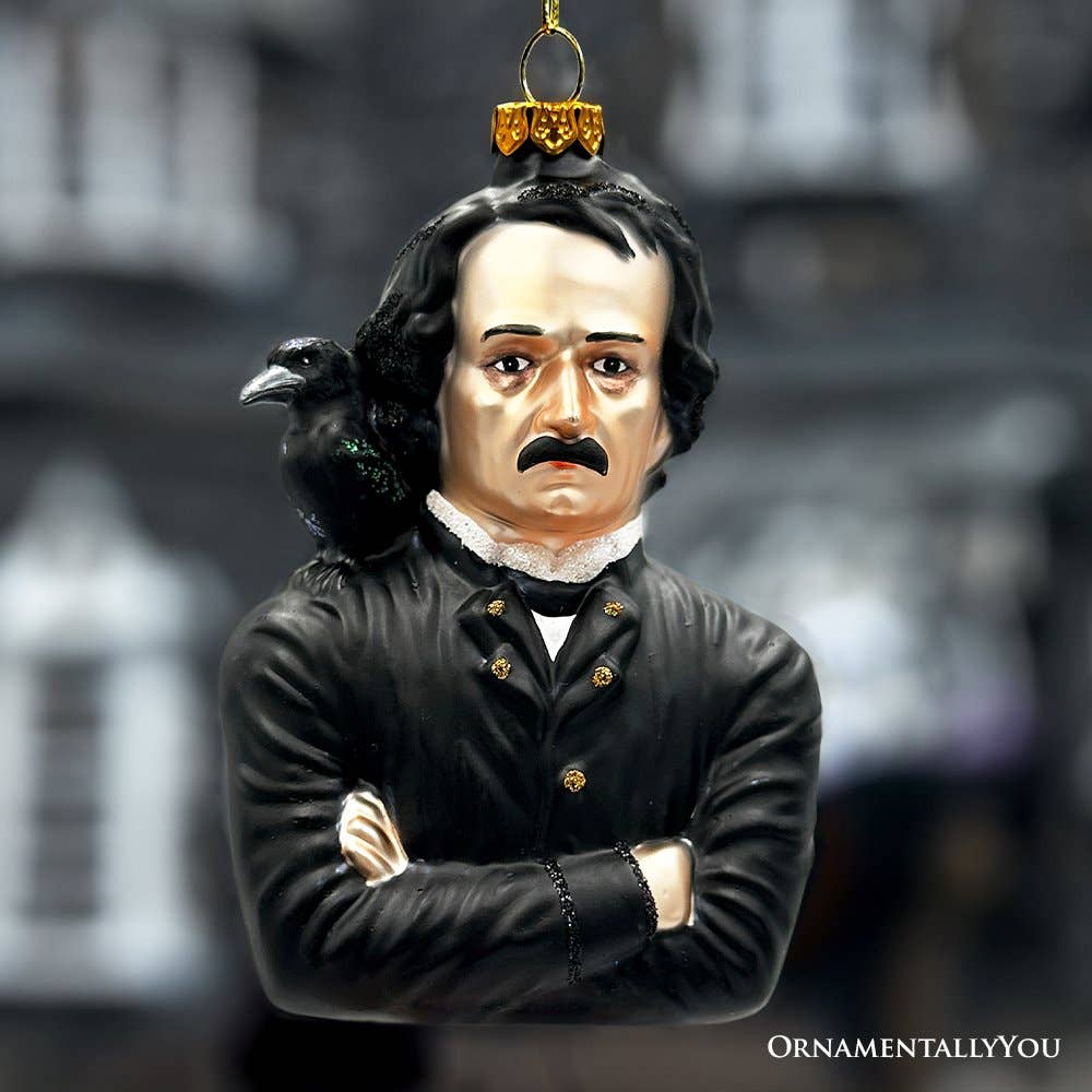 Edgar Allan Poe Glass Christmas Ornament, Spooky Halloween