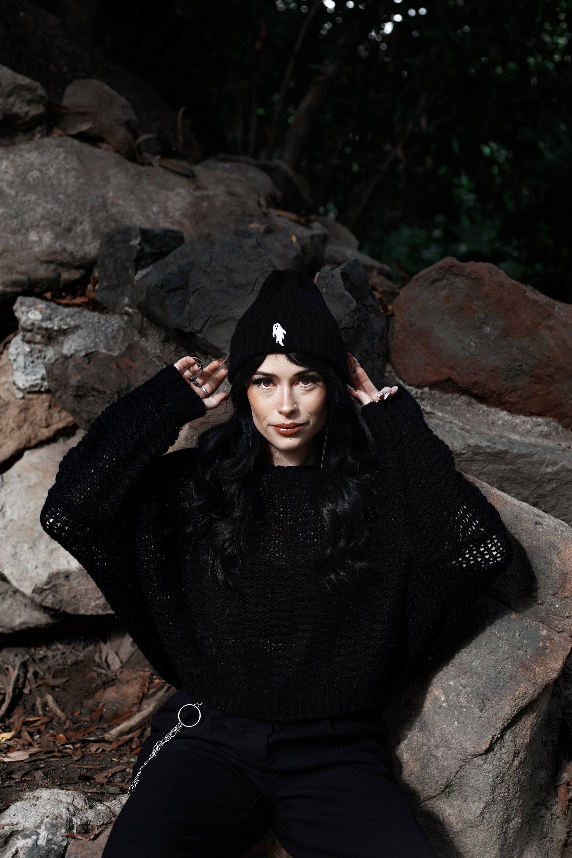 Midnight Black | Ghostie Embroidered Knit Beanie