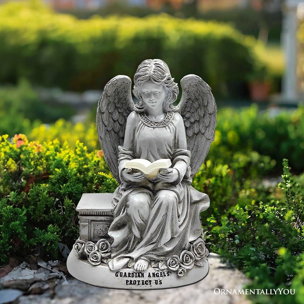 Guardian Angel Reading Book Garden Statue, 10" Solar Powered