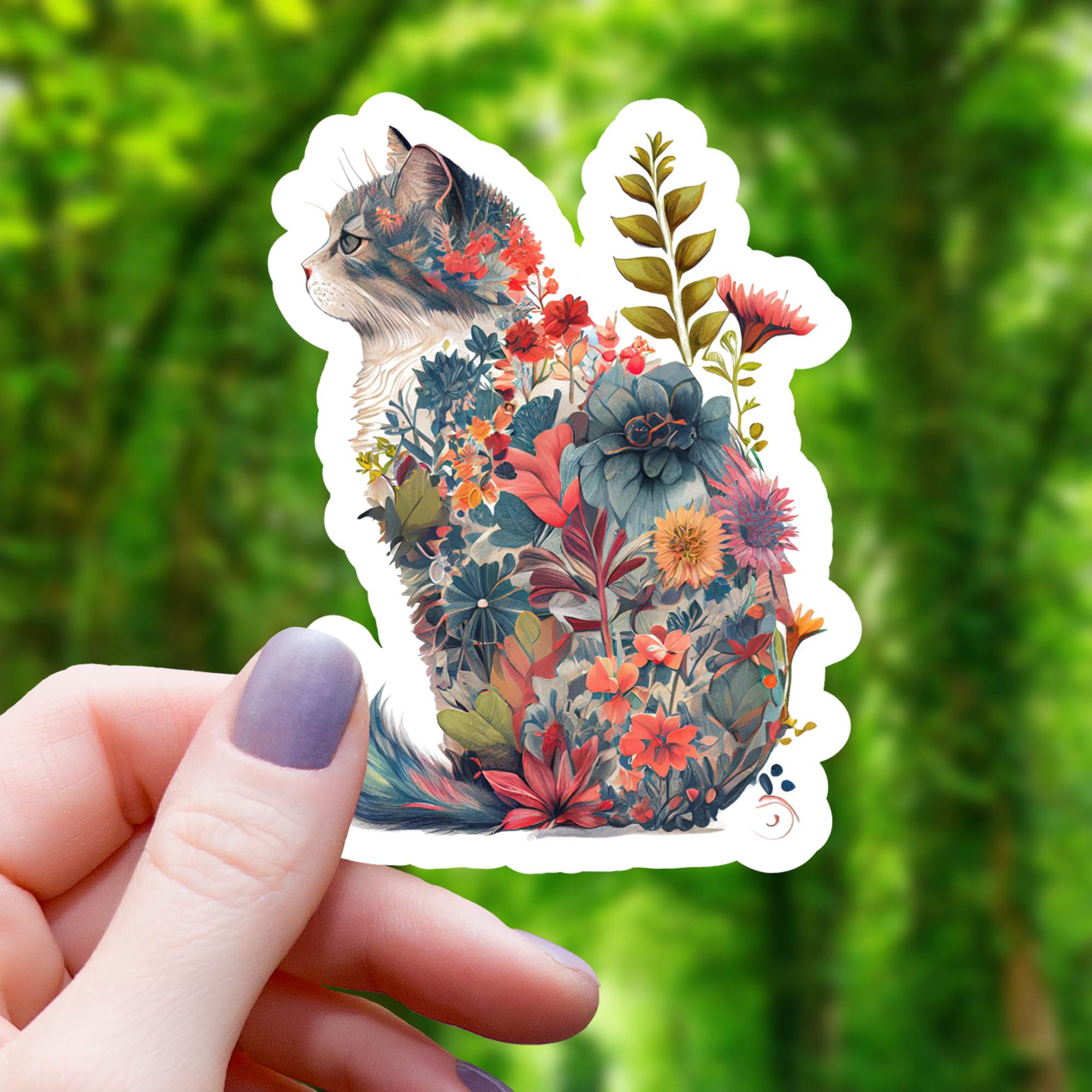 Botanical Floral Cat Sticker - 3"