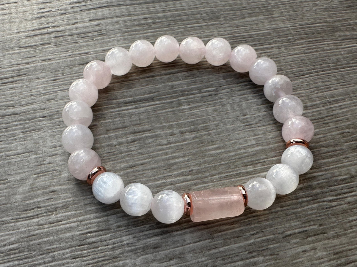 Rose Quartz &amp; Selenite Bracelet – Cylinder Accent Bead