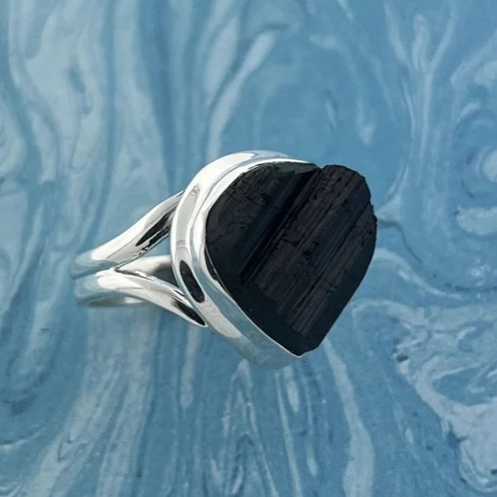 Natural Black Tourmaline Sterling Ring