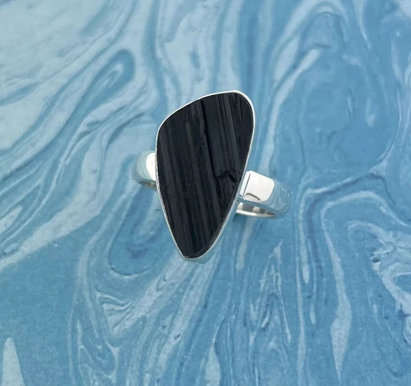 Natural Black Tourmaline Sterling Ring