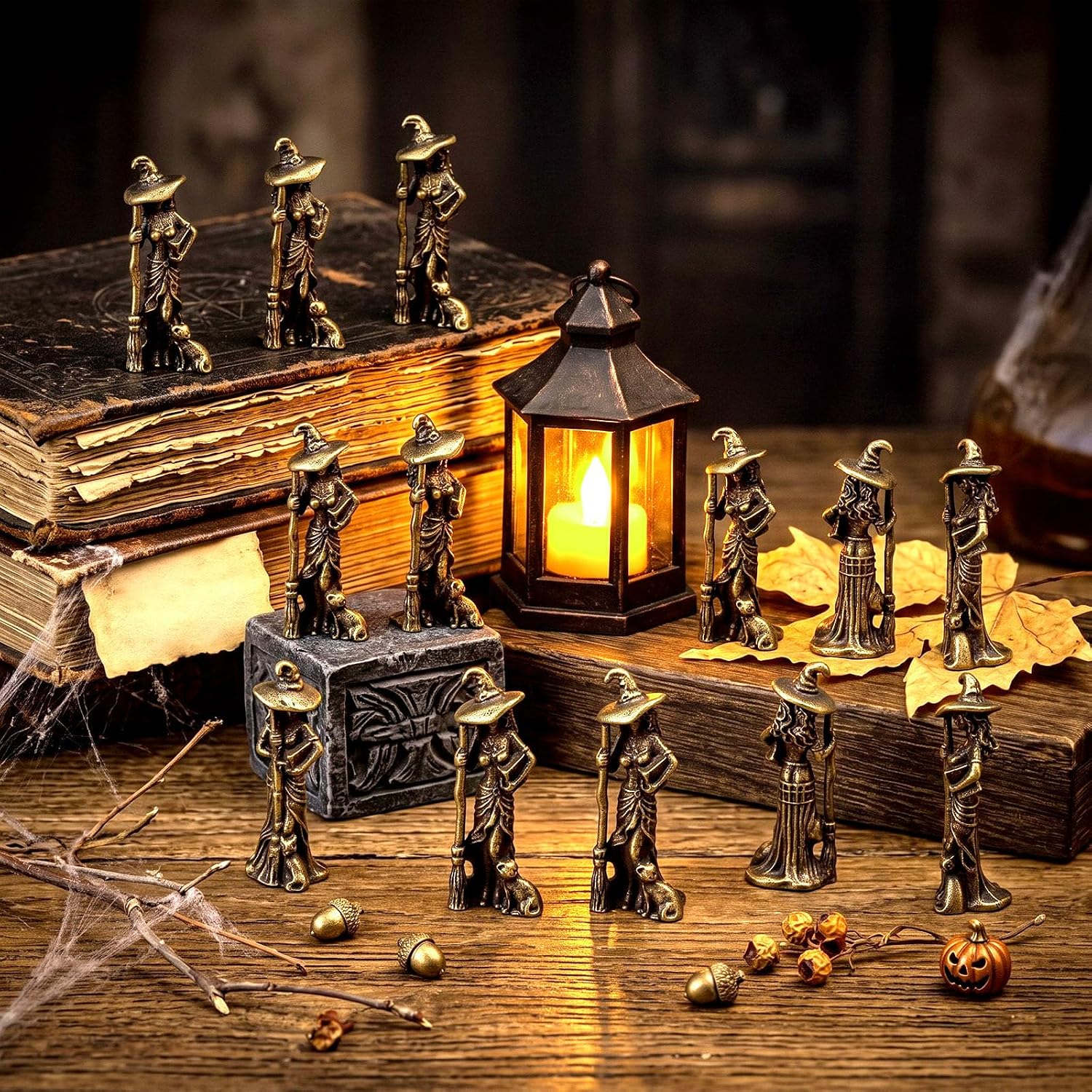 Mini Witch & Cat Metal Figurine – Whimsical Halloween Décor | Antique Brass-Finish Zinc Alloy