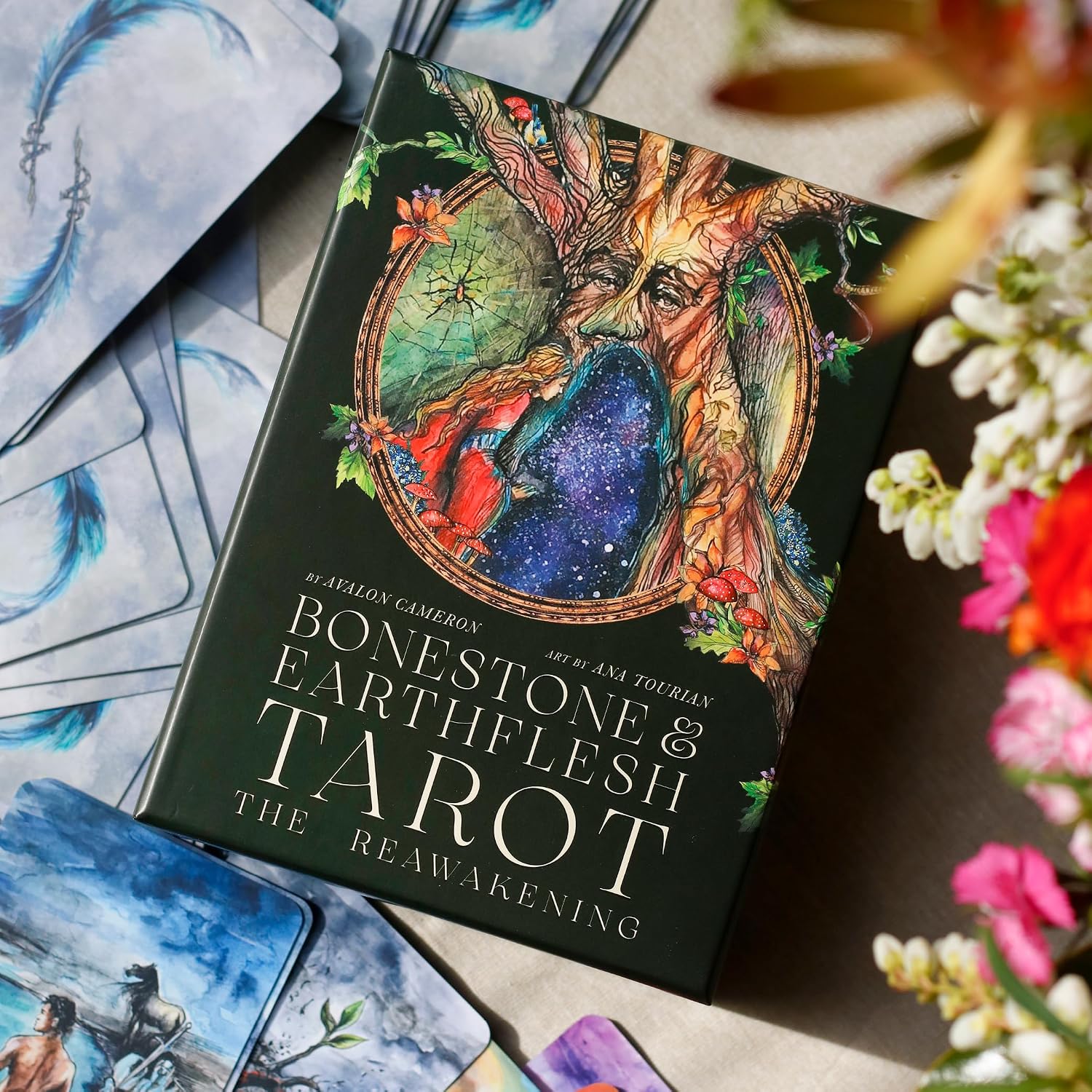 Bonestone & Earthflesh Tarot box from above, surrounded by scattered blue feather card backs