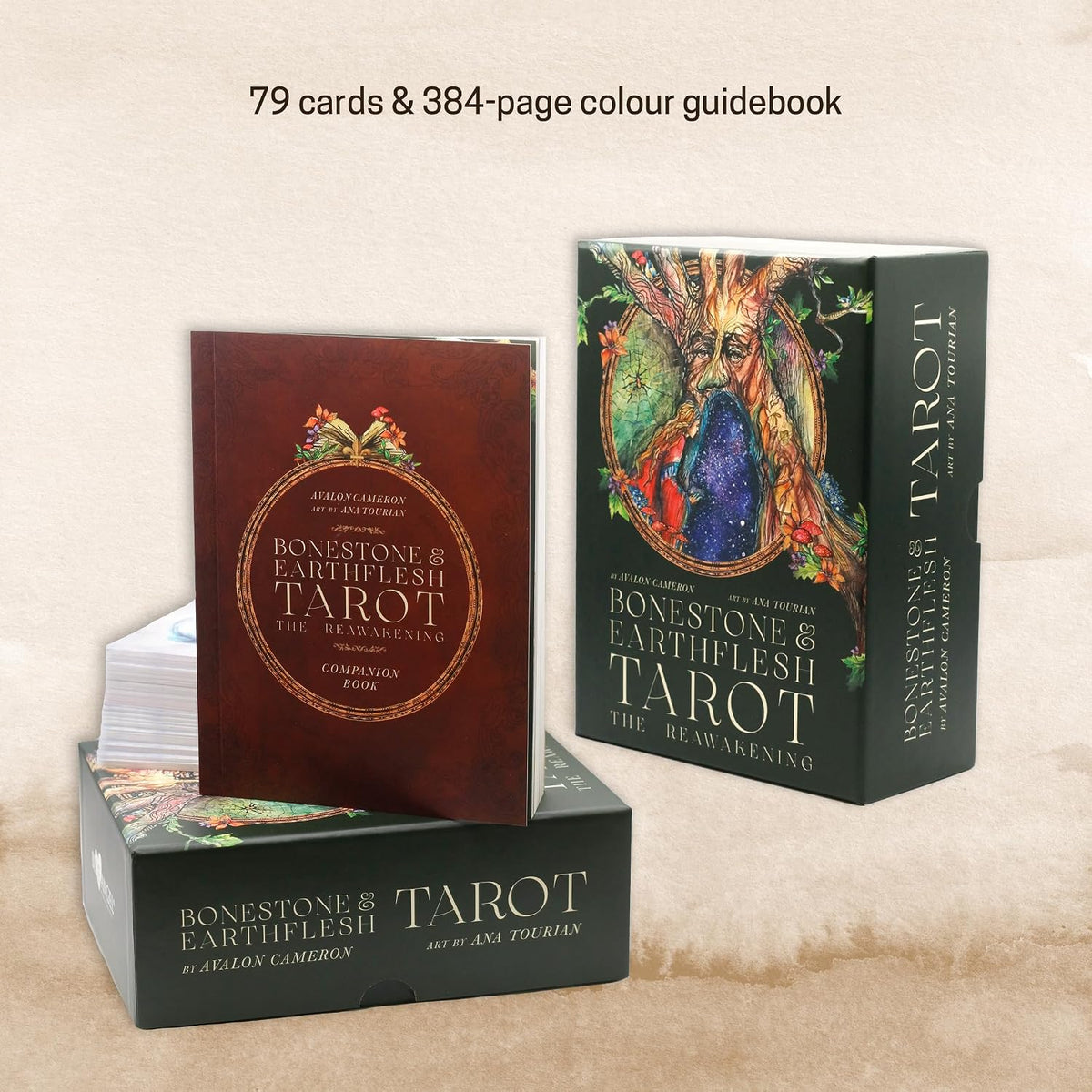 Bonestone & Earthflesh Tarot box set and companion book; text reads 79 cards & 384-page colour guidebook