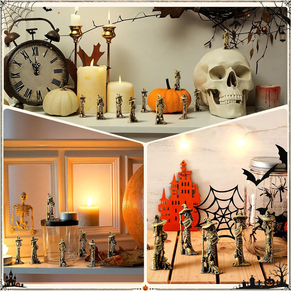 Mini Witch & Cat Metal Figurine – Whimsical Halloween Décor | Antique Brass-Finish Zinc Alloy