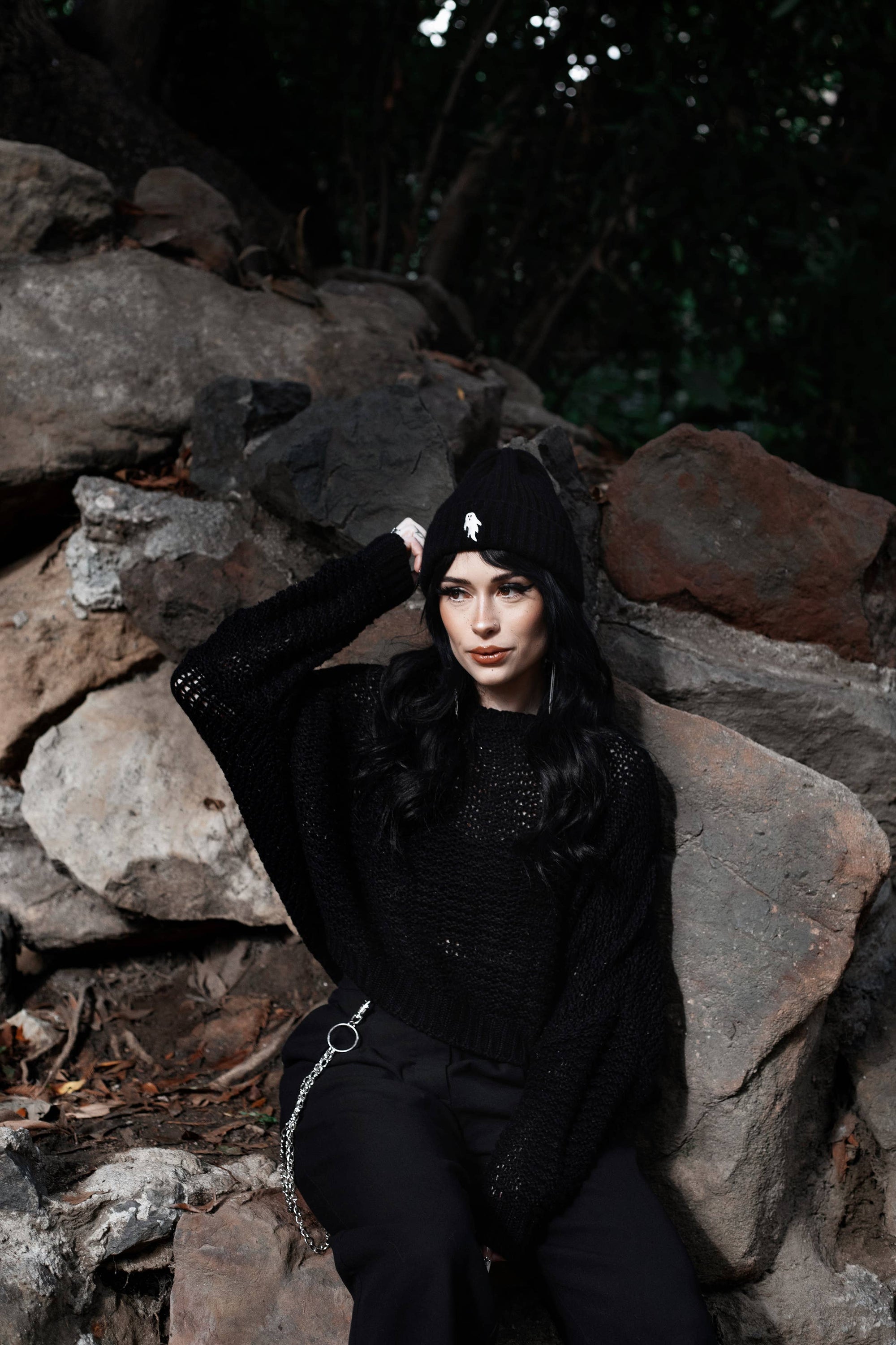 Midnight Black | Ghostie Embroidered Knit Beanie