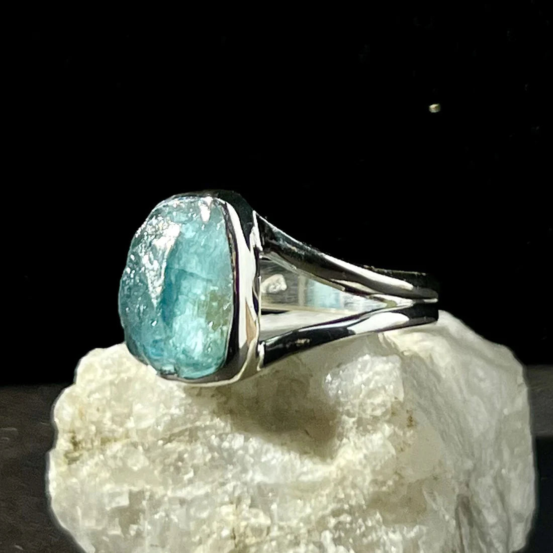 NEON BLUE APATITE RING IN STERLING SILVER